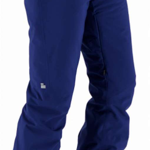Obermeyer Women's Bliss Insulated Pants Tall 2024 - Dark blue pants with zippered pocket on left hip and reflective square logo near right knee.