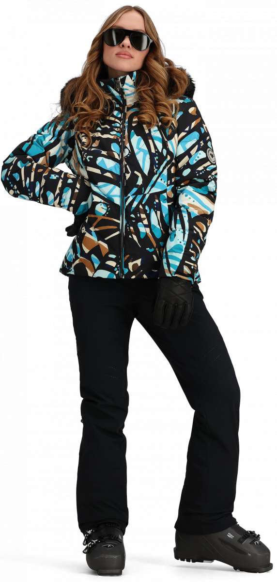 Obermeyer Women's Bombshell Down Jacket 2024 - A black down jacket with a blue, brown, and white abstract pattern.