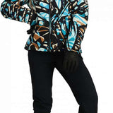 Obermeyer Women's Bombshell Down Jacket 2024 - A black down jacket with a blue, brown, and white abstract pattern.