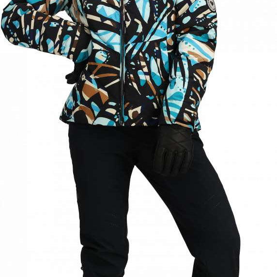 Obermeyer Women's Bombshell Down Jacket 2024 - A black down jacket with a blue, brown, and white abstract pattern.