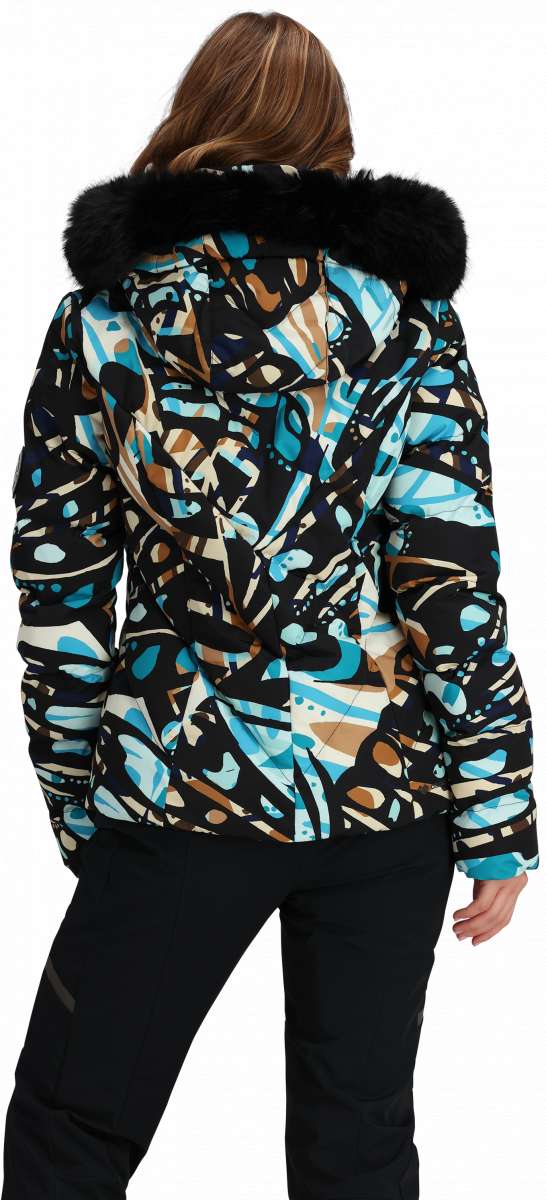 Obermeyer Women's Bombshell Down Jacket 2024 - A black down jacket with a brown and light blue abstract pattern, featuring a fur-lined hood.