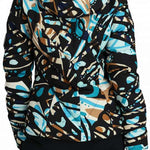 Obermeyer Women's Bombshell Down Jacket 2024 - A black down jacket with a brown and light blue abstract pattern, featuring a fur-lined hood.