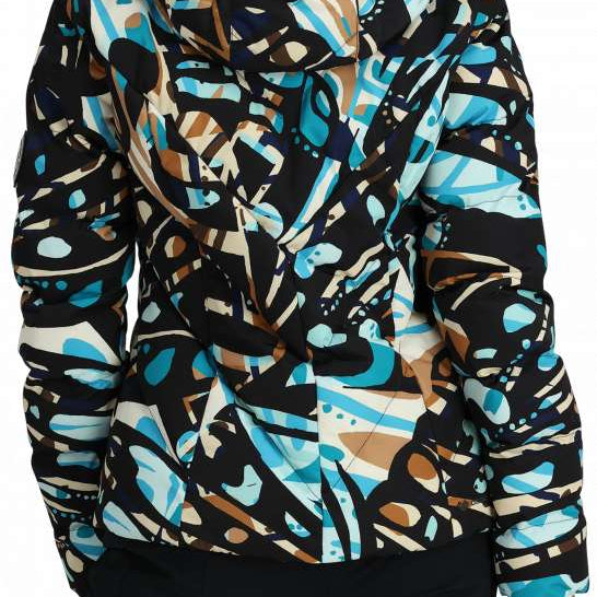 Obermeyer Women's Bombshell Down Jacket 2024 - A black down jacket with a brown and light blue abstract pattern, featuring a fur-lined hood.