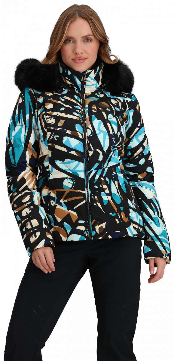 Obermeyer Women's Bombshell Down Jacket 2024 - A black down jacket with a brown and light blue abstract pattern, featuring a fur-lined hood.