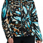 Obermeyer Women's Bombshell Down Jacket 2024 - A black down jacket with a brown and light blue abstract pattern, featuring a fur-lined hood.