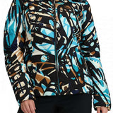 Obermeyer Women's Bombshell Down Jacket 2024 - A black down jacket with a brown and light blue abstract pattern, featuring a fur-lined hood.