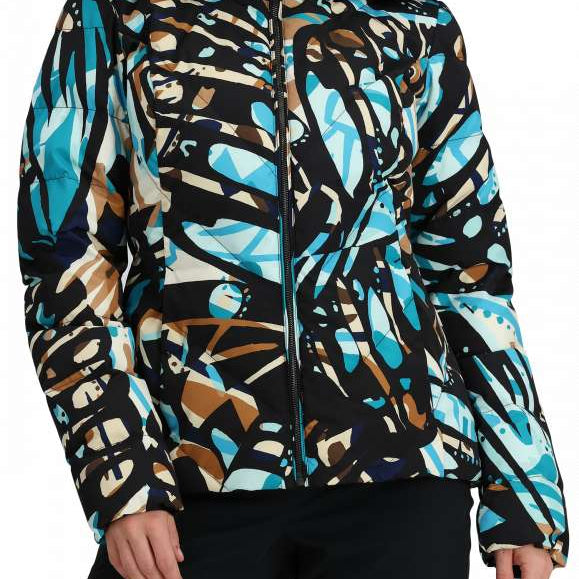 Obermeyer Women's Bombshell Down Jacket 2024 - A black down jacket with a brown and light blue abstract pattern, featuring a fur-lined hood.