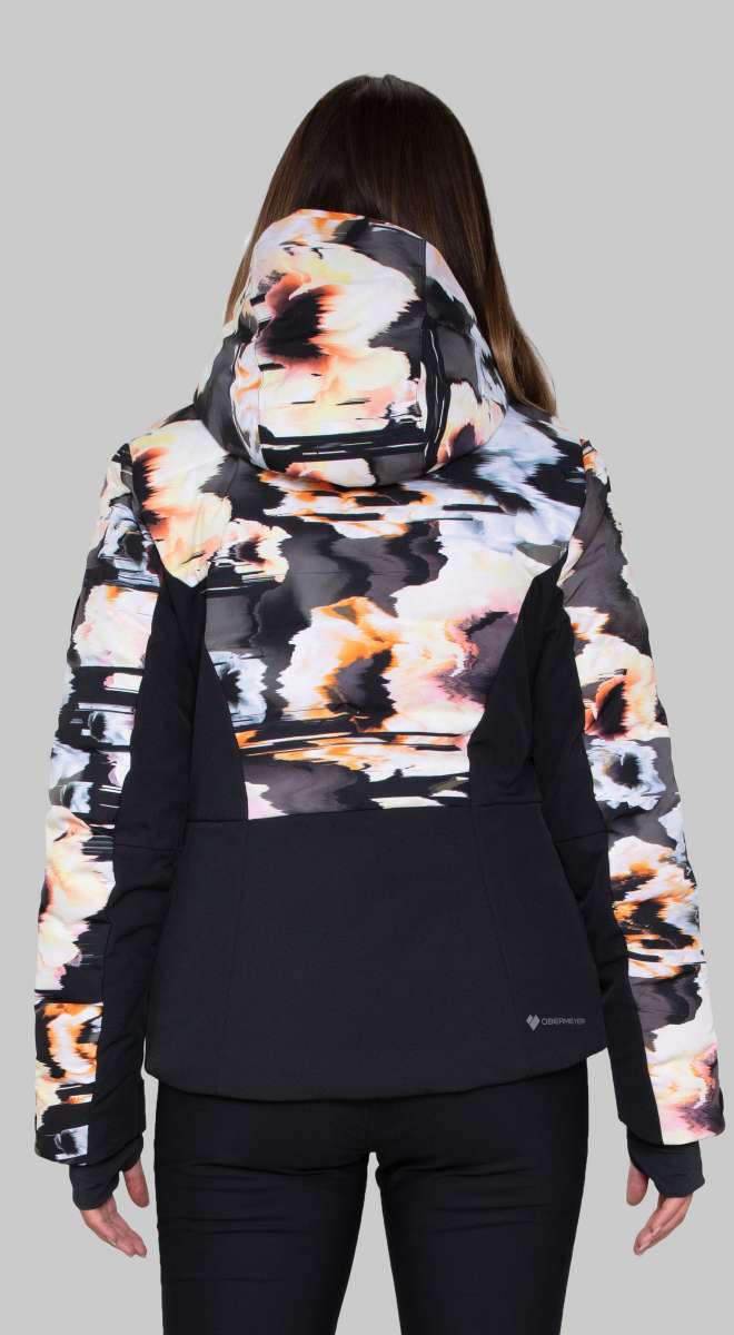 Obermeyer Women's Cosima Down Jacket 2022-2023 - A black down jacket with a white and orange abstract pattern on the hood, back, and sleeves.