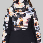 Obermeyer Women's Cosima Down Jacket 2022-2023 - A black down jacket with a white and orange abstract pattern on the hood, back, and sleeves.