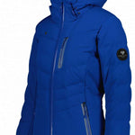 Obermeyer Women's Cosima Down Jacket 2022-2023 - A royal blue down jacket with a hood, featuring two zippered pockets and a black logo on the left chest.