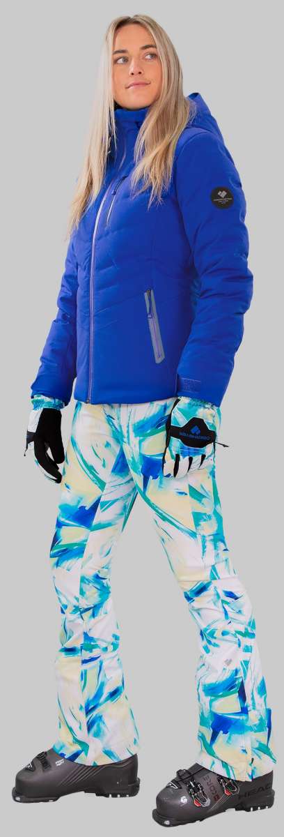 Obermeyer Women's Cosima Down Jacket - A royal blue down jacket with a high collar and zippered pockets, featuring a black logo patch on the left sleeve.