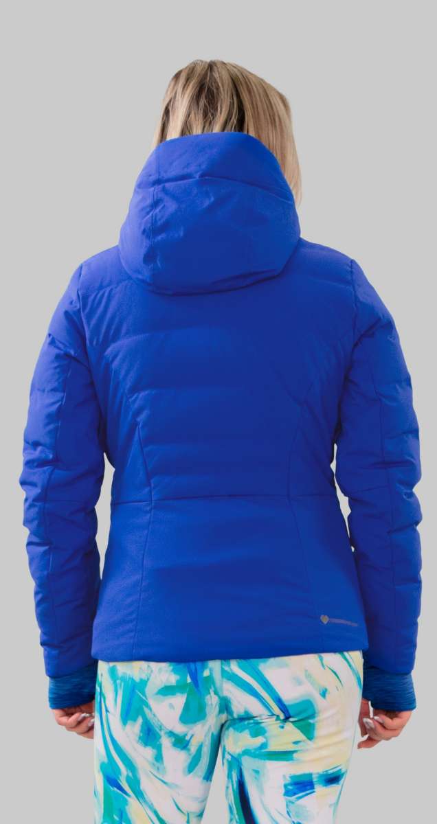 Obermeyer Women's Cosima Down Jacket 2022-2023 - A royal blue down jacket with a hood and quilted pattern on the sleeves.