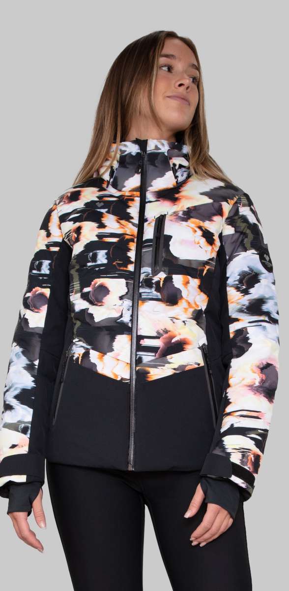 Obermeyer Women's Cosima Down Jacket - A black down jacket with a white and orange abstract pattern on the chest, sleeves, and back.