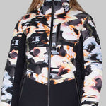 Obermeyer Women's Cosima Down Jacket - A black down jacket with a white and orange abstract pattern on the chest, sleeves, and back.