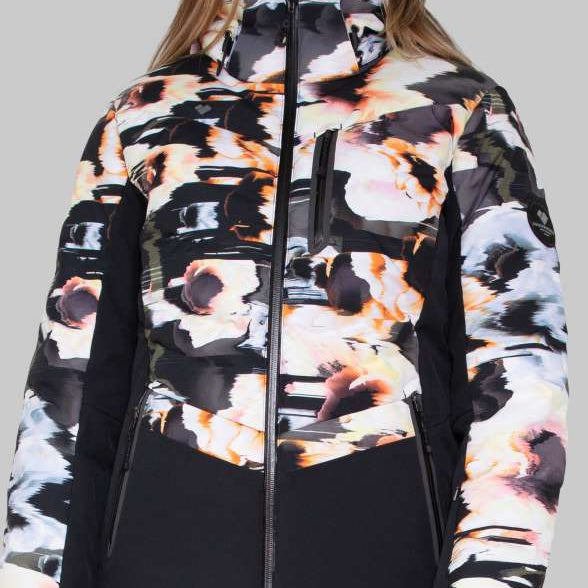 Obermeyer Women's Cosima Down Jacket - A black down jacket with a white and orange abstract pattern on the chest, sleeves, and back.