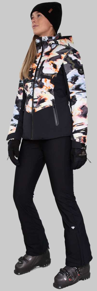 Obermeyer Women's Cosima Down Jacket - A black down jacket with a white and orange abstract pattern on the upper body portion.
