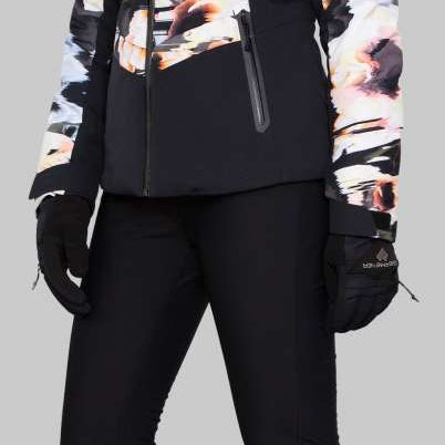 Obermeyer Women's Cosima Down Jacket - A black down jacket with a white and orange abstract pattern on the upper body portion.