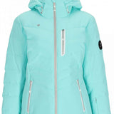Obermeyer Women's Cosima Down Jacket 2024 - A light blue down jacket with a hood, featuring two zippered pockets on the front and a silver zipper running down the middle.