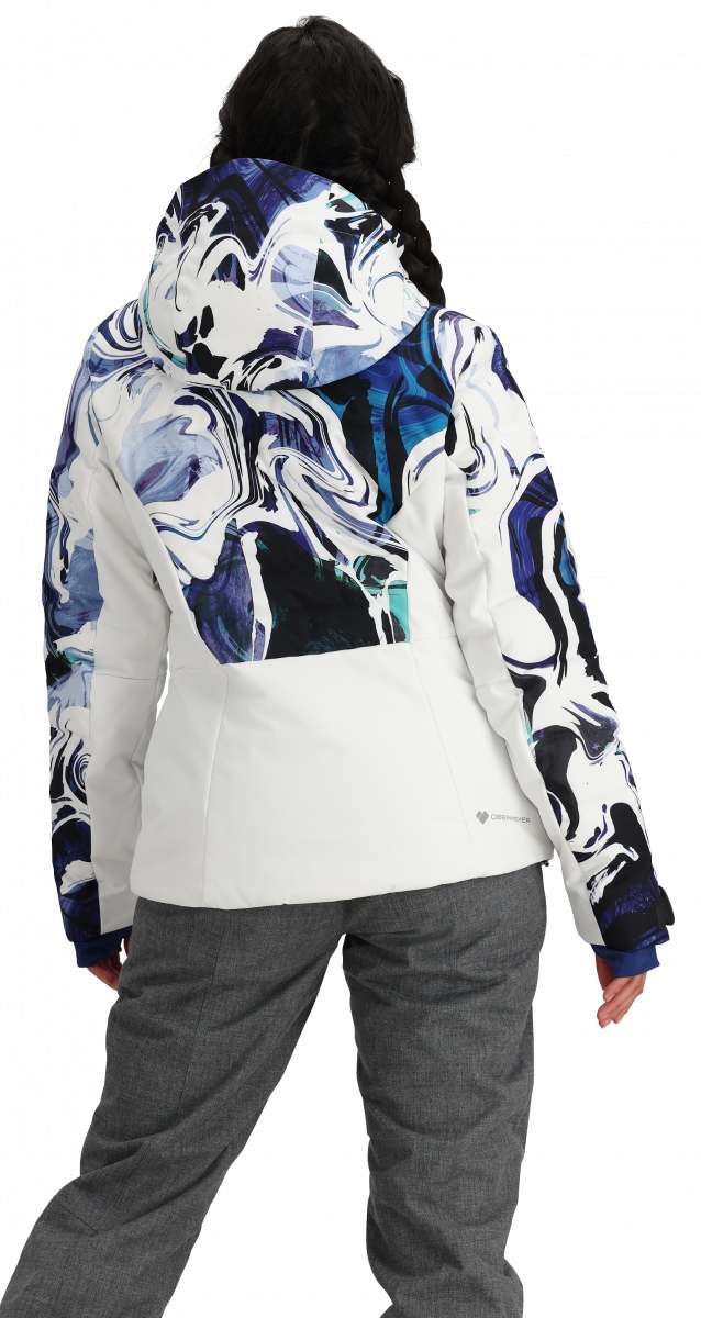 Obermeyer Women's Cosima Down Jacket 2024 - A white down jacket with a blue and black abstract pattern on the back, featuring a hood and zippered pockets.