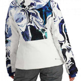 Obermeyer Women's Cosima Down Jacket 2024 - A white down jacket with a blue and black abstract pattern on the back, featuring a hood and zippered pockets.