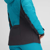 Obermeyer Women's Cosima Down Jacket - A bright blue down jacket with a high collar and zippered pockets, worn by a model facing left.