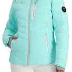 Obermeyer Women's Cosima Down Jacket - A light blue down jacket with a hood and silver zipper.