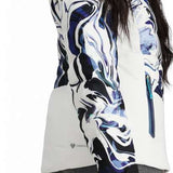 Obermeyer Women's Cosima Down Jacket - A white down jacket with a blue and black abstract pattern on the front, worn by a model from behind.