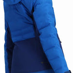 Obermeyer Women's Cosima Down Jacket - A royal blue down jacket with a high collar and zippered pockets, featuring a subtle pattern of small white snowflakes on the back.