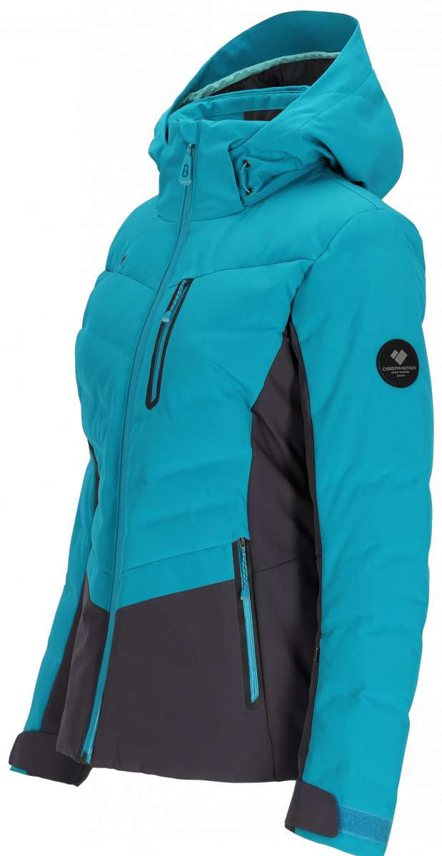 Obermeyer Women's Cosima Down Jacket 2024 - A bright blue down jacket with a hood, featuring two zippered pockets on the front and a black zipper running up the center.