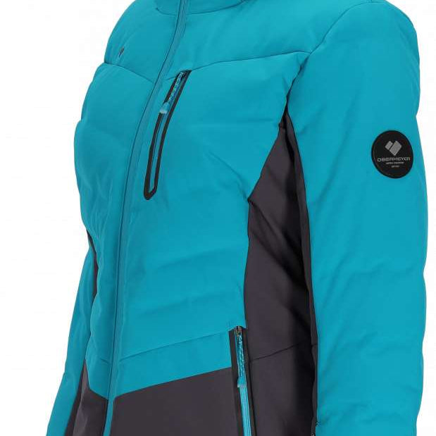 Obermeyer Women's Cosima Down Jacket 2024 - A bright blue down jacket with a hood, featuring two zippered pockets on the front and a black zipper running up the center.