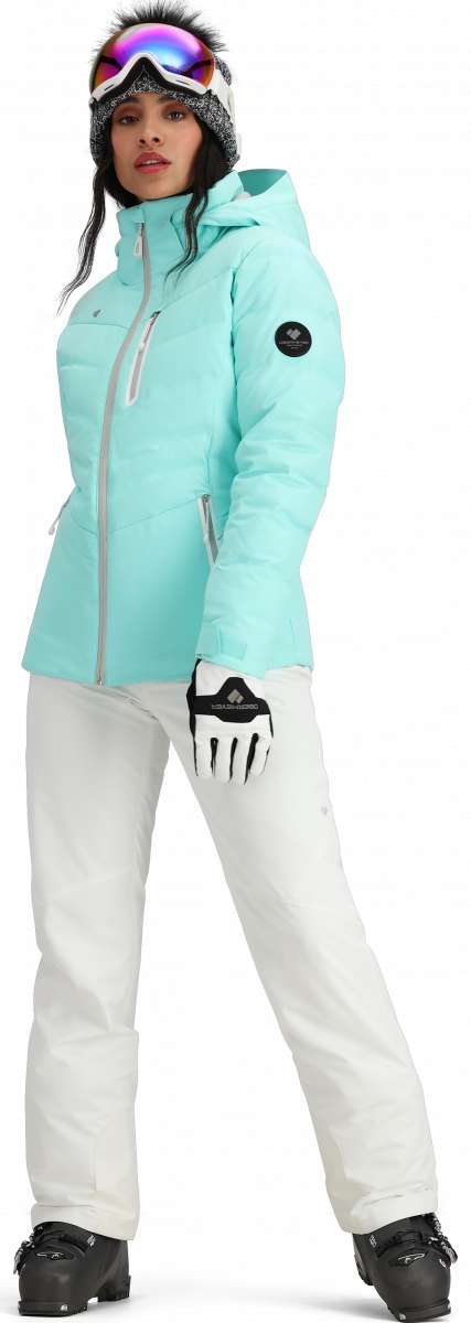Obermeyer Women's Cosima Down Jacket - A light blue down jacket with a hood and white zipper.