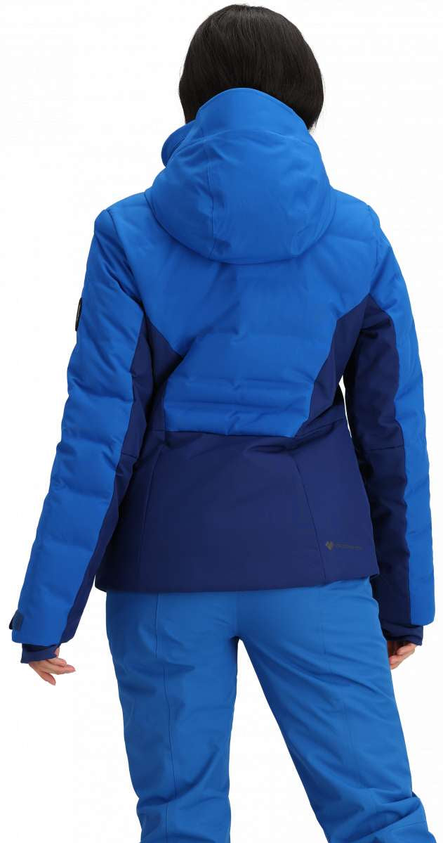 Obermeyer Women's Cosima Down Jacket 2024 - A royal blue down jacket with a darker blue panel on the back and black zippers.