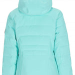 Obermeyer Women's Cosima Down Jacket 2024 - A light blue down jacket with a hood, featuring horizontal quilting on the torso and sleeves.