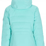 Obermeyer Women's Cosima Down Jacket 2024 - A light blue down jacket with a hood, featuring horizontal quilting on the torso and sleeves.