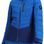 Obermeyer Women's Cosima Down Jacket - A royal blue down jacket with a high collar and zippered pockets, featuring a black zipper pull on the chest pocket.