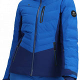 Obermeyer Women's Cosima Down Jacket - A royal blue down jacket with a high collar and zippered pockets, featuring a black zipper pull on the chest pocket.