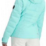 Obermeyer Women's Cosima Down Jacket - A light blue down jacket with a hood and black patch on the left sleeve.