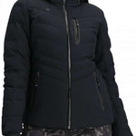 Obermeyer Women's Cosima Down Jacket 2024 - A black down jacket with a high collar and zippered pockets.