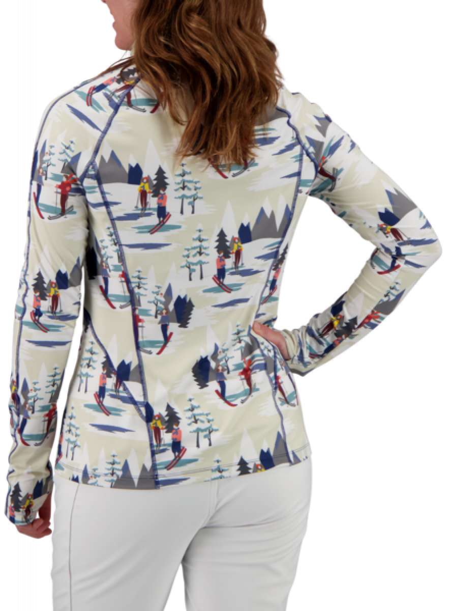 Obermeyer Women's Discover Quarter Zip Top 2024 - A cream-colored quarter-zip top with a repeating pattern of skiers and snowboarders in red, yellow, blue, and gray against a white background.
