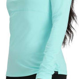 Obermeyer Women's Discover Quarter Zip Top 2024 - A light blue quarter-zip top with a black zipper and collar, worn by a model on a solid white background.