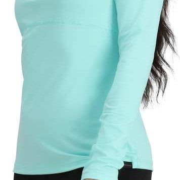 Obermeyer Women's Discover Quarter Zip Top 2024 - A light blue quarter-zip top with a black zipper and collar, worn by a model on a solid white background.