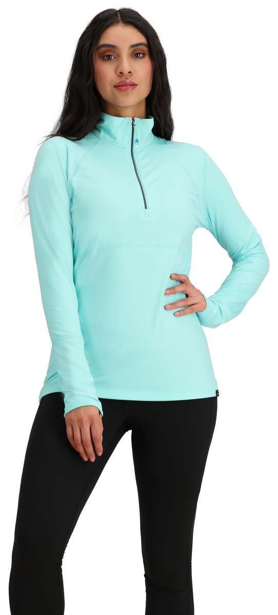 Obermeyer Women's Discover Quarter Zip Top 2024 - A light blue quarter-zip top with a high collar and long sleeves.