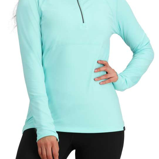 Obermeyer Women's Discover Quarter Zip Top 2024 - A light blue quarter-zip top with a high collar and long sleeves.