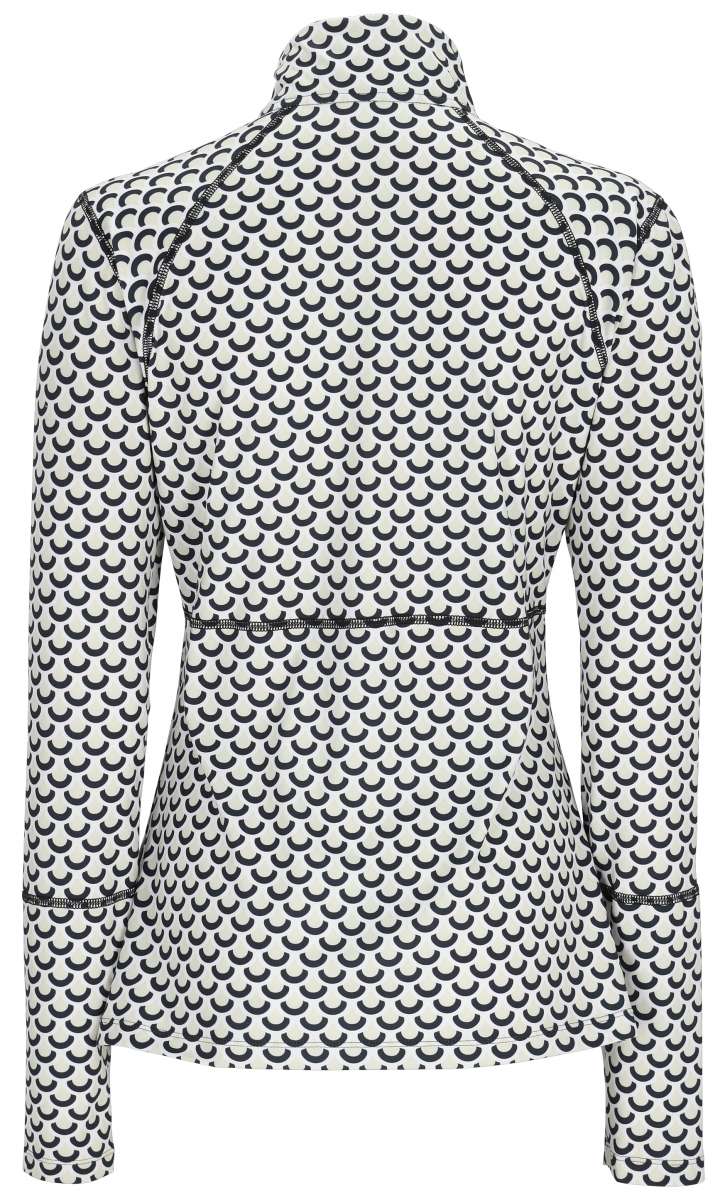 Obermeyer Women's Discover Quarter Zip Top 2024 - A white quarter-zip top with a repeating pattern of black half-moons and black trim along the zipper.