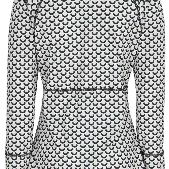 Obermeyer Women's Discover Quarter Zip Top 2024 - A white quarter-zip top with a repeating pattern of black half-moons and black trim along the zipper.