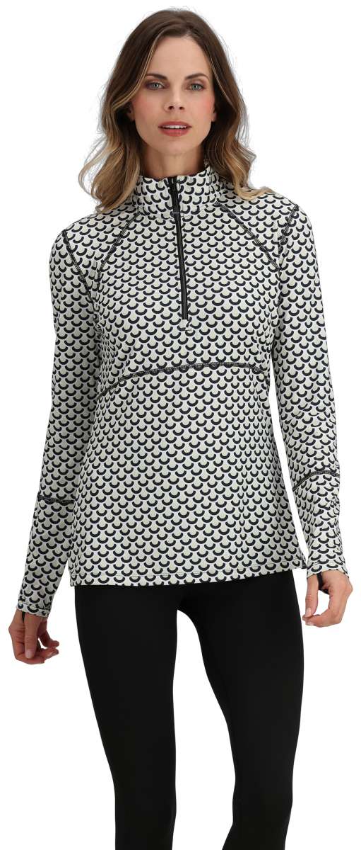 Obermeyer Women's Discover Quarter Zip Top 2024 - A white quarter-zip top with a black and grey pattern of stylized half-moons.