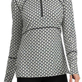 Obermeyer Women's Discover Quarter Zip Top 2024 - A white quarter-zip top with a black and grey pattern of stylized half-moons.