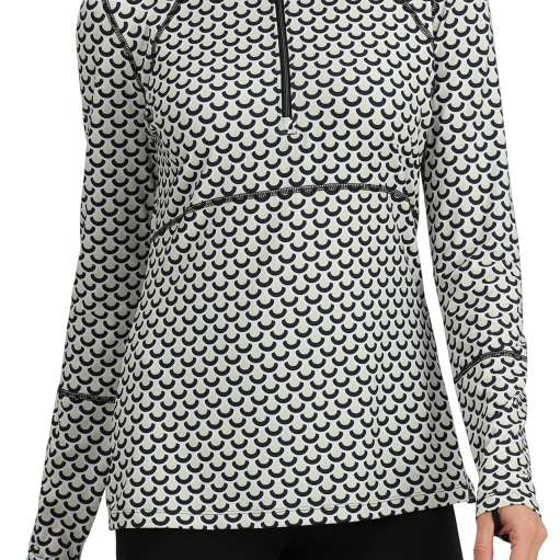 Obermeyer Women's Discover Quarter Zip Top 2024 - A white quarter-zip top with a black and grey pattern of stylized half-moons.