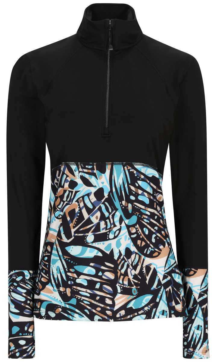 Obermeyer Women's Discover Quarter Zip Top 2024 - A black quarter-zip top with a high collar and zip running down the front, featuring a subtle pattern of light blue and brown shapes on the chest.