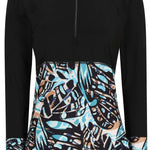 Obermeyer Women's Discover Quarter Zip Top 2024 - A black quarter-zip top with a high collar and zip running down the front, featuring a subtle pattern of light blue and brown shapes on the chest.